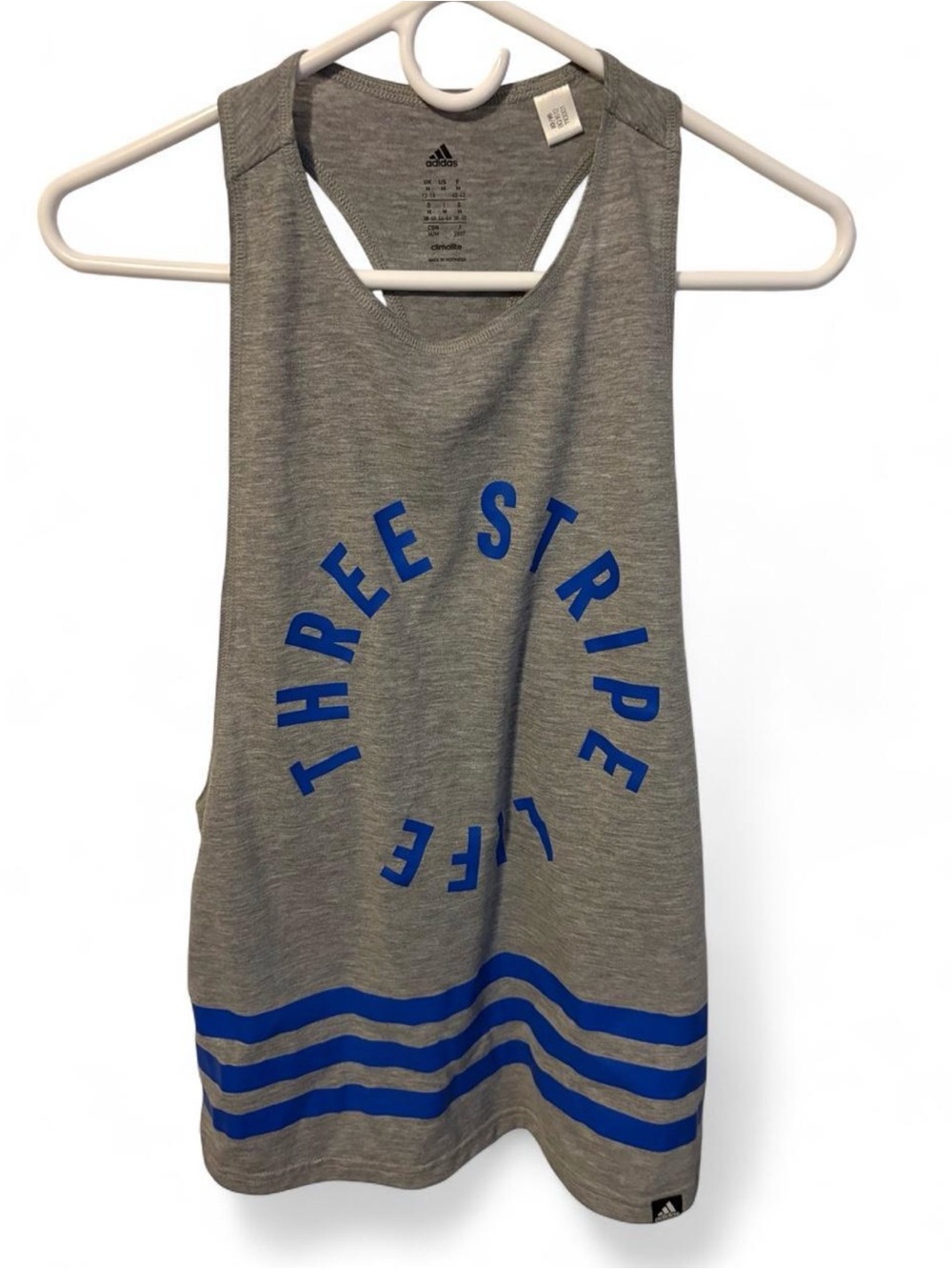 Adidas Three Stripe Life Muscle Tank Top Heather Gray Blue Graphic Women's M